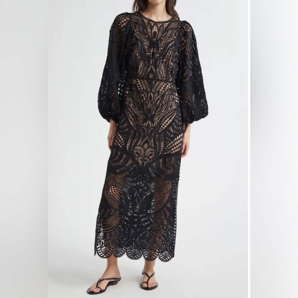Nwt Farm Rio Black Nature Guipure Midi Dress Size Xs Extra Small